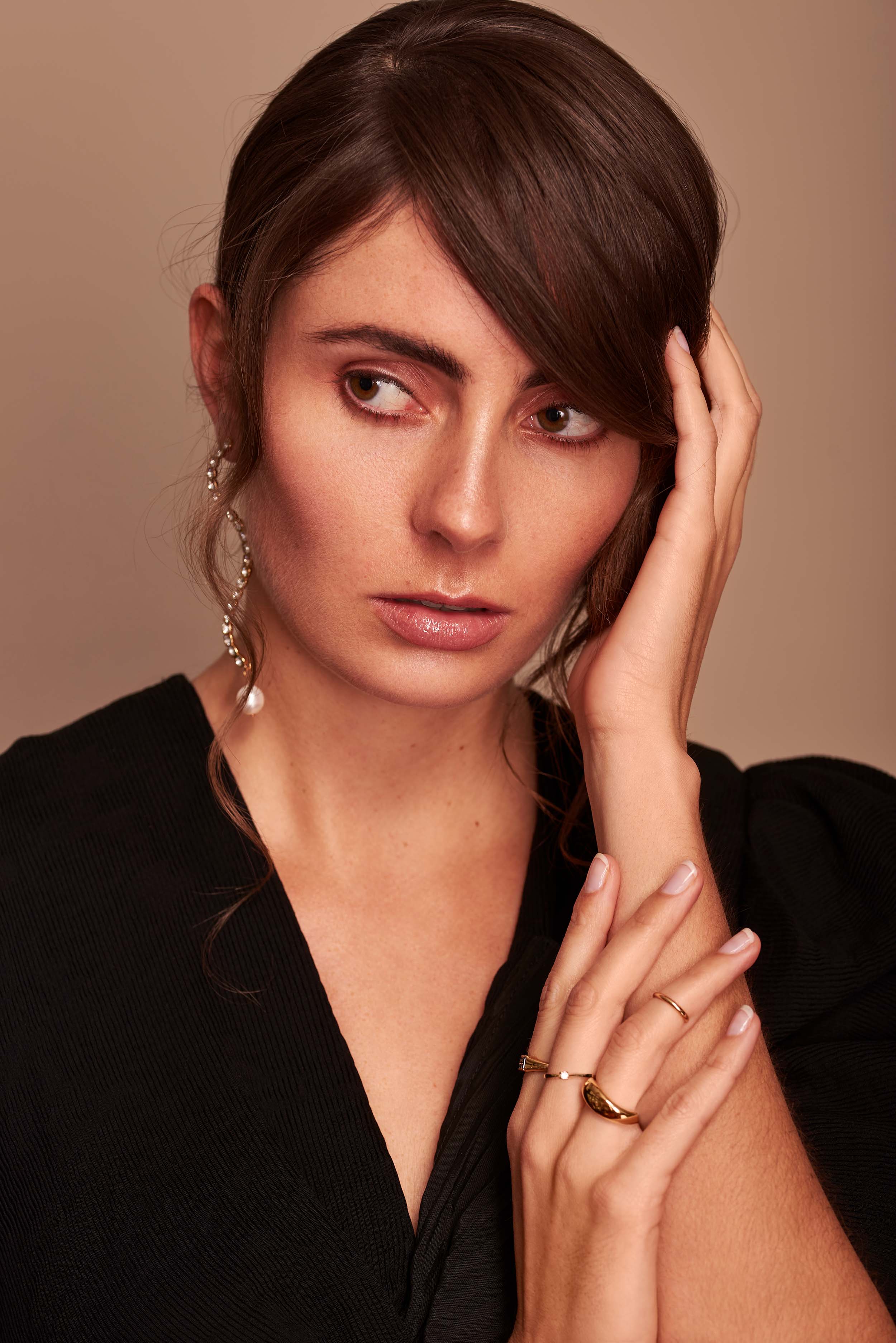 Editorial fashion photography for Beau Monde - elegant fashion campaign with pearl styling and sophisticated lighting
